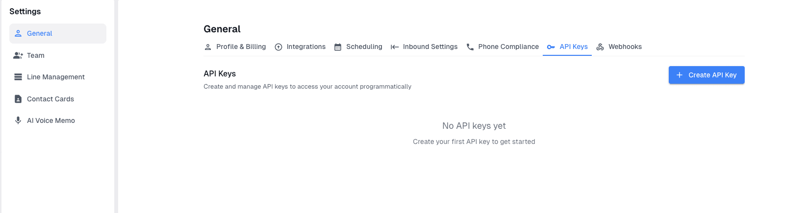 API Keys settings in the Project Blue dashboard
