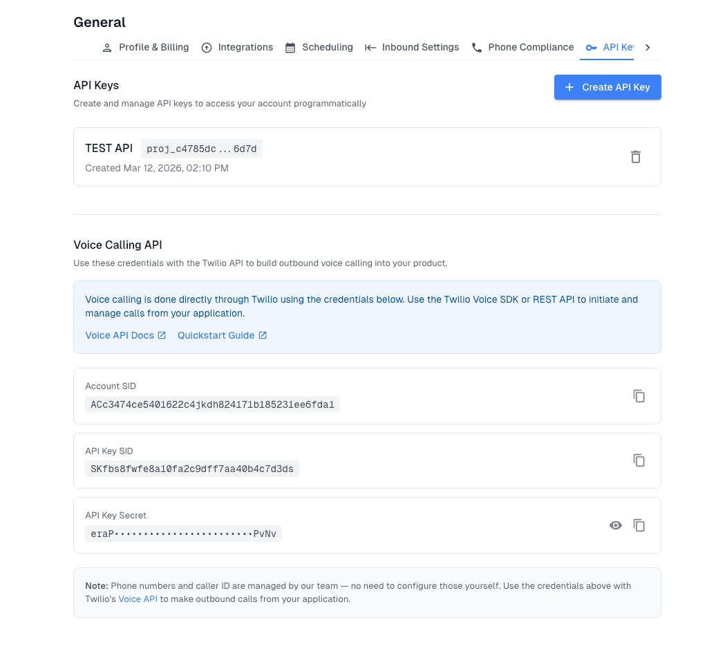 Twilio API key in Project Blue Settings → API Keys