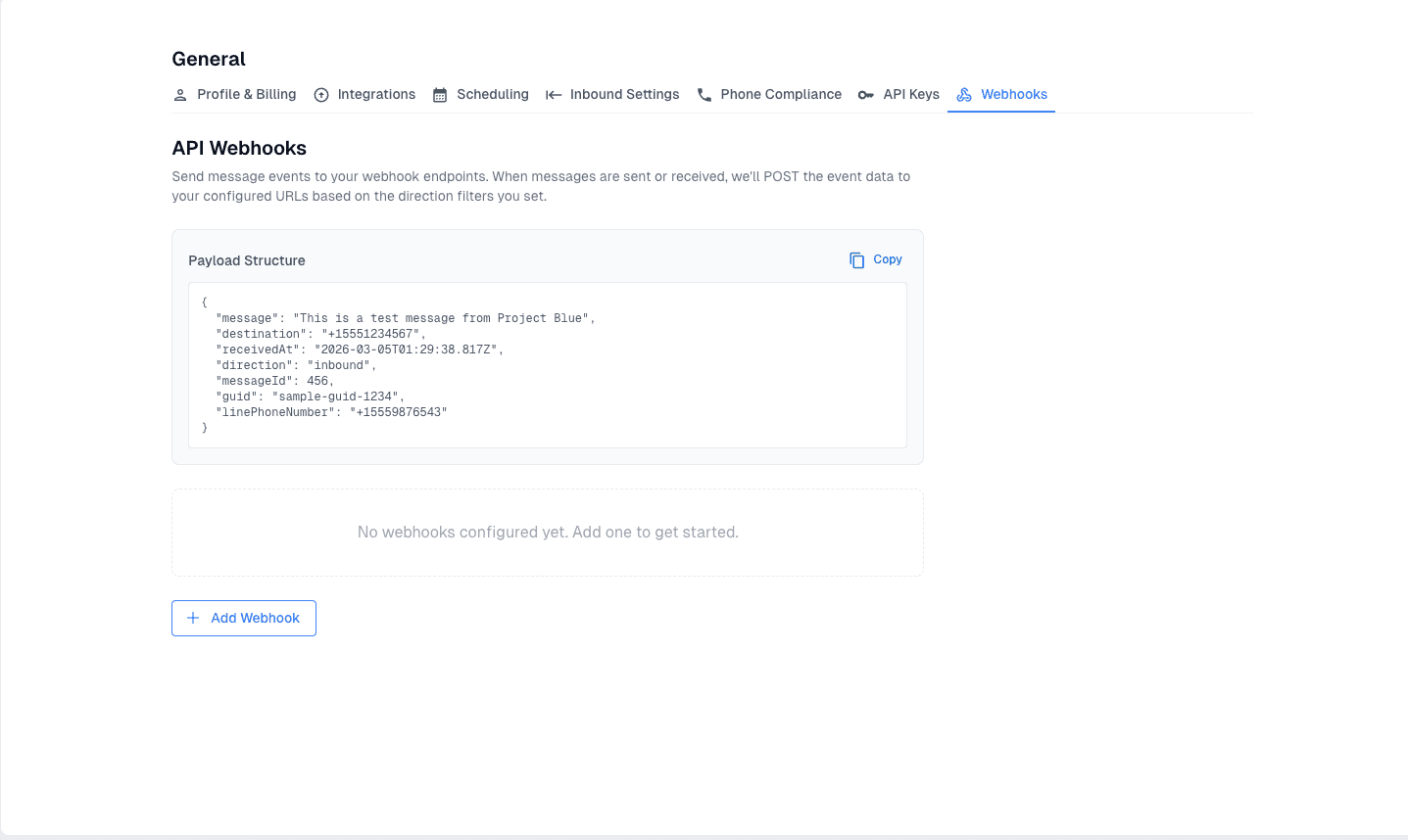 Webhook configuration in the Project Blue dashboard