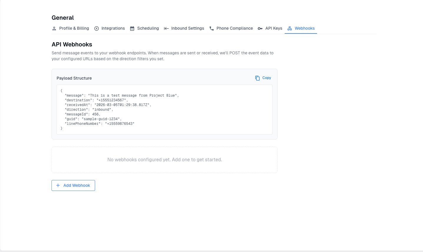 Webhook configuration in the Project Blue dashboard